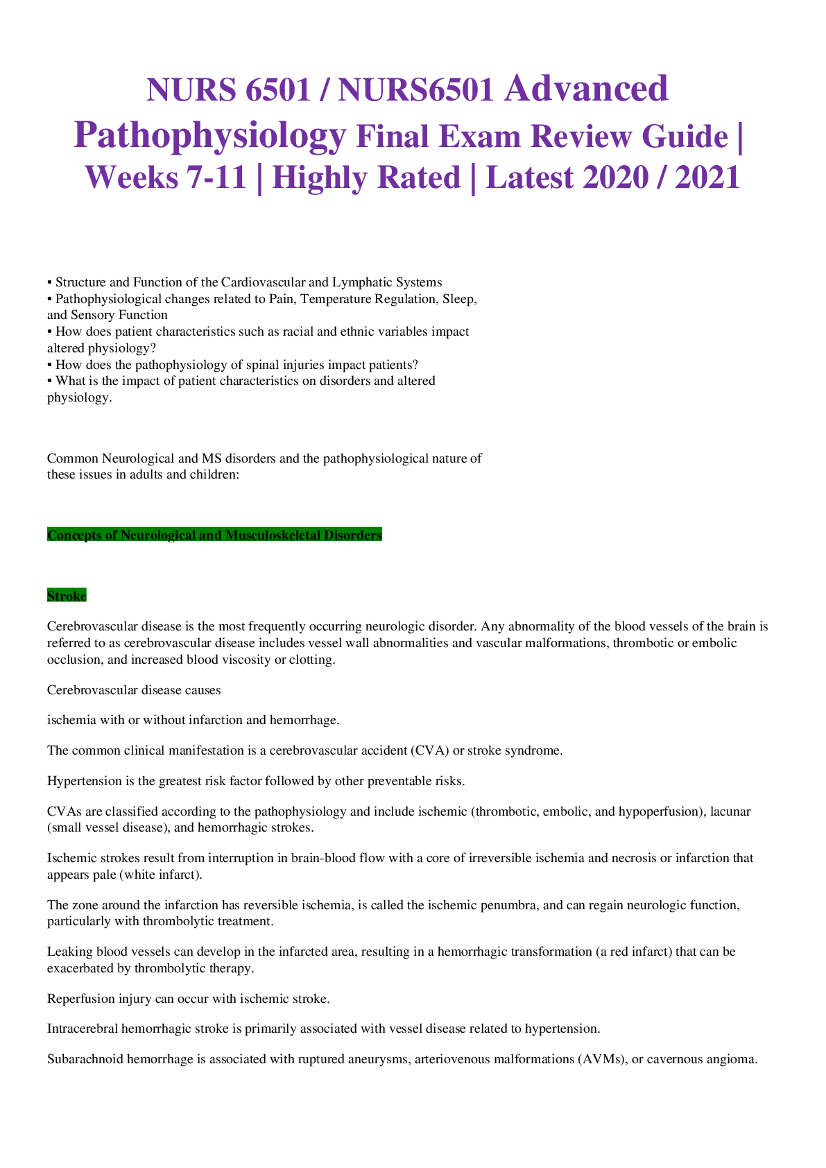 NURS 6501 / NURS6501 Advanced Pathophysiology Final Exam Review Guide | Weeks 7-11 | Highly Rated | Latest 2020 / 2021
